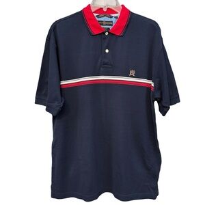 Tommy Hilfiger Golf Polo Shirt Men M Navy Red White Stripe Crest Cotton